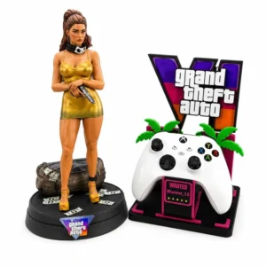 Kit Action Figure Lucia 30cm em Resina + Suporte para Controle Gamer Tema GTA VI | Compatível com PlayStation e Xbox
